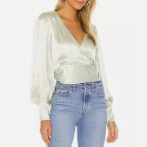 Bardot Opal Blouse Pistachio light green Silky Open Front Longsleeve Tie Back